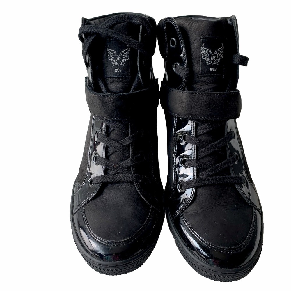 $459 Paul Green  Leather Sneakers Boots Women's Size 7 Black Lace Up Wedge Heel